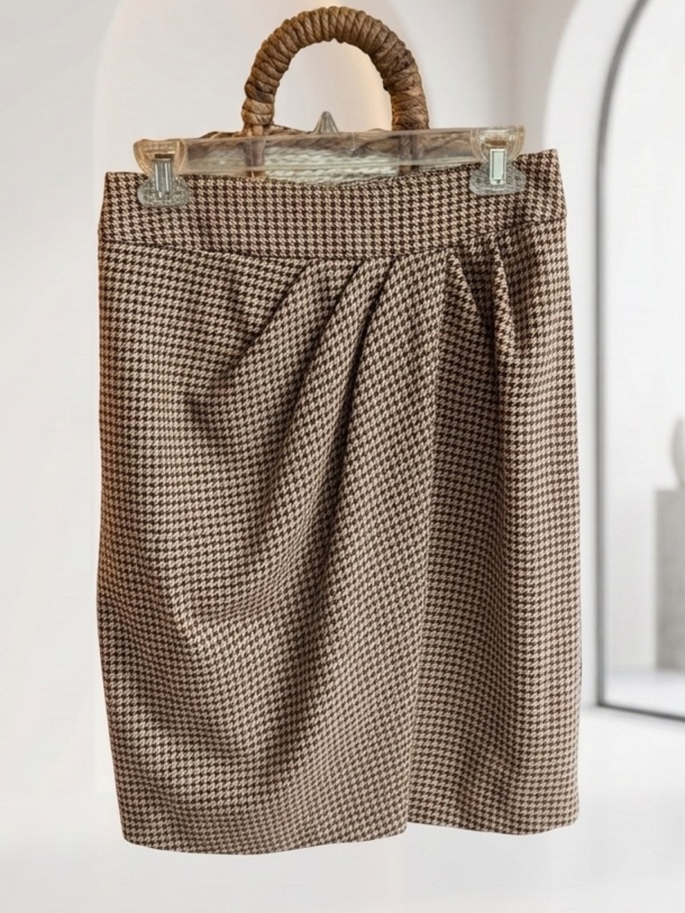 J. McLaughlin Brown Houndstooth Pencil Skirt 6  Academic Corporate Chic